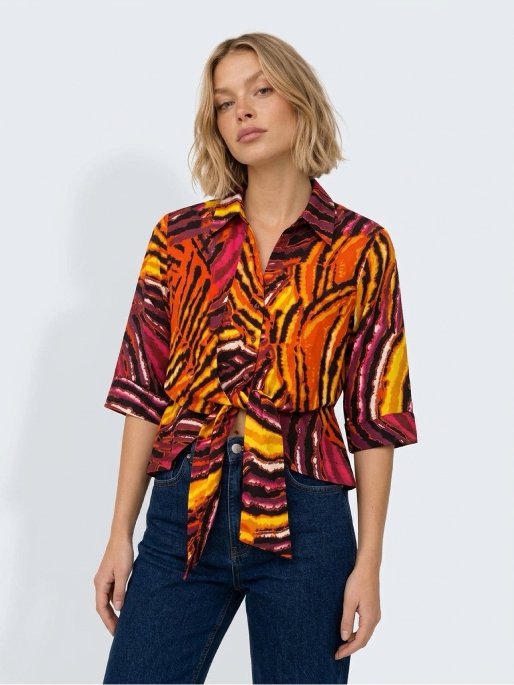 Mishca Tie-Front Blouse Animal-Stripe Pattern Orange Magenta Yellow Woman Top PL